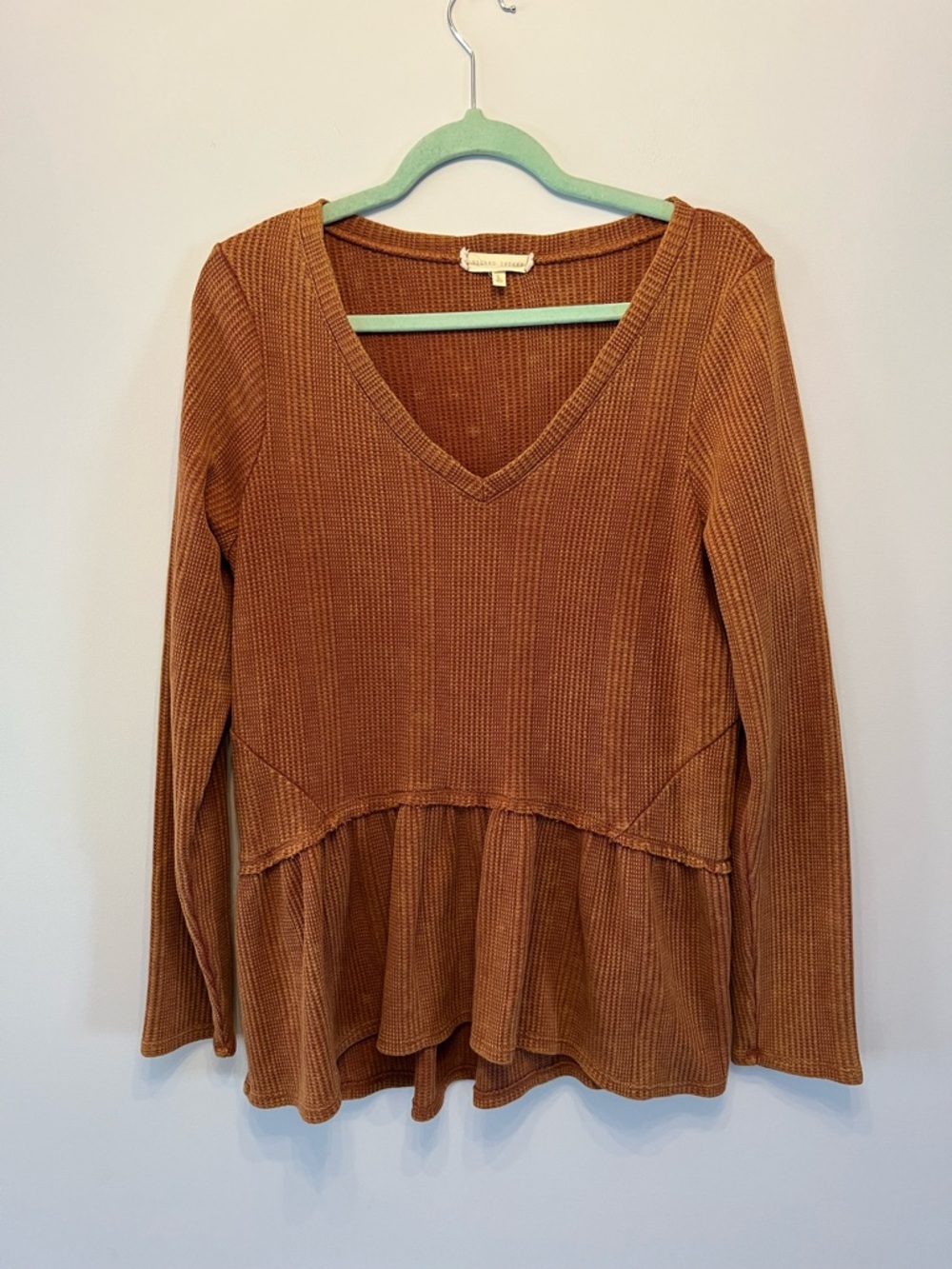 Gilded Intent Ribbed V-Neck Peplum Long-Sleeve Top - Rust